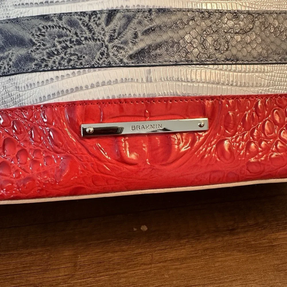 Brahmin Mini Asher Leather Satchel Shoulder Bag Gray Red Striped Preppy